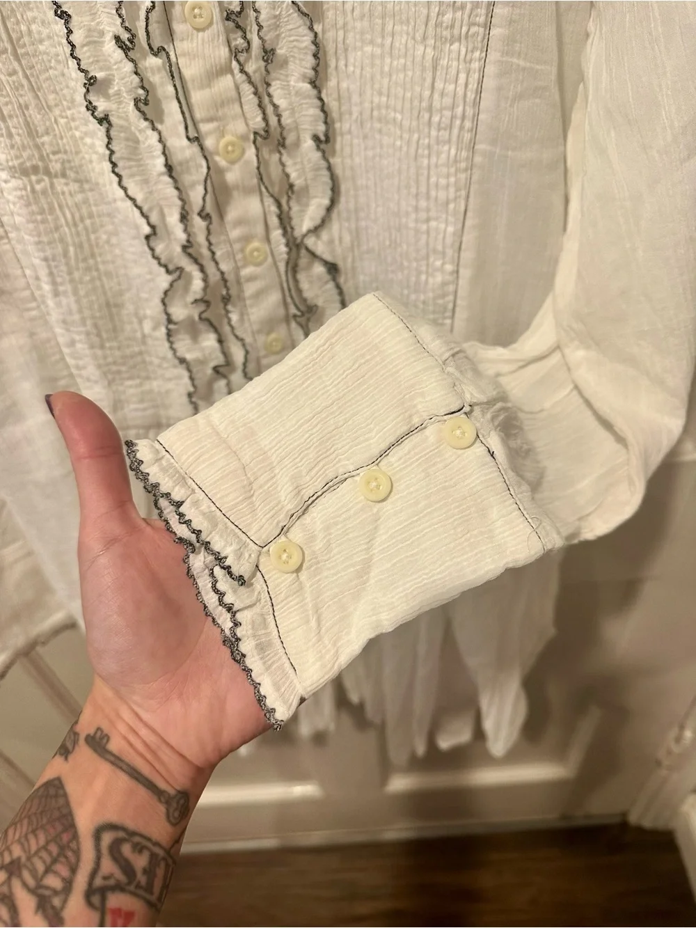 Free People White Ivory Tuxedo Ruffle-Front Shirt Dress Boho Chic Women’s L